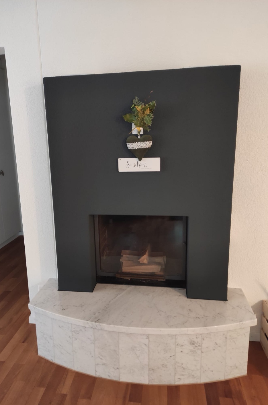 Cheminée mit dunkel gestrichener Wand